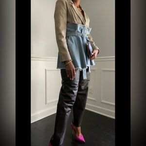 Denim Peplum Mix Media Plaid Long Sleeve Blazer